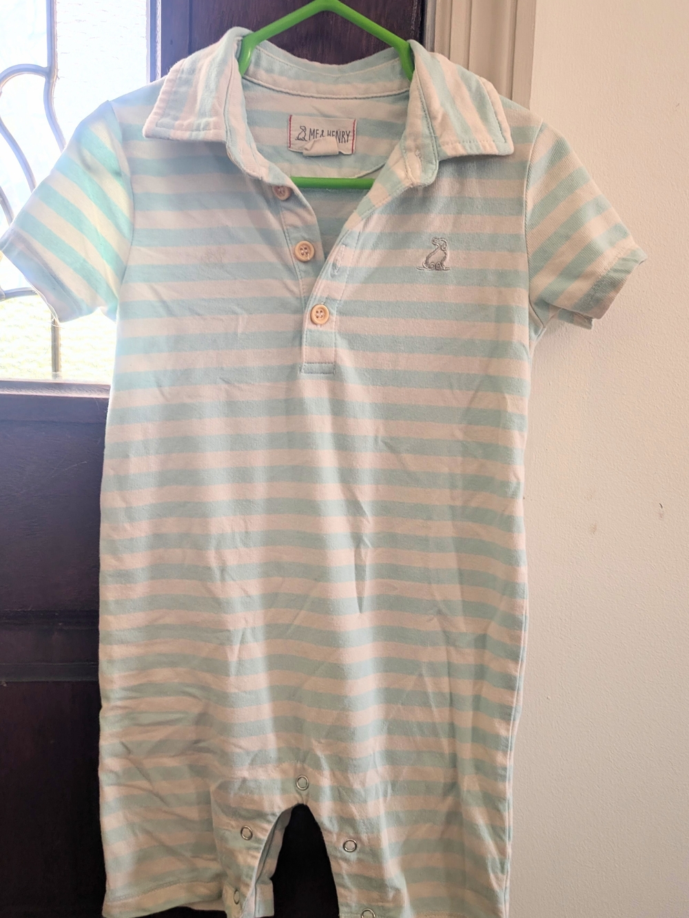 Me & Henry Striped Polo Romper in Mint & White
